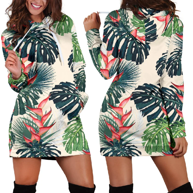 Heliconia Flowers, Palm And Monstera Leaves Women'S Hoodie Dress