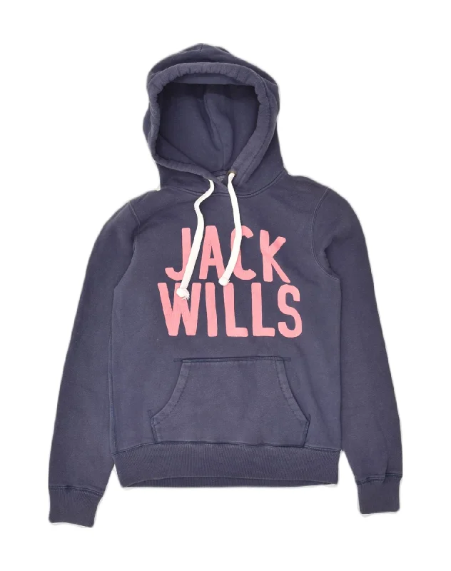 JACK WILLS Womens Graphic Hoodie Jumper UK 8 Small Navy Blue Cotton