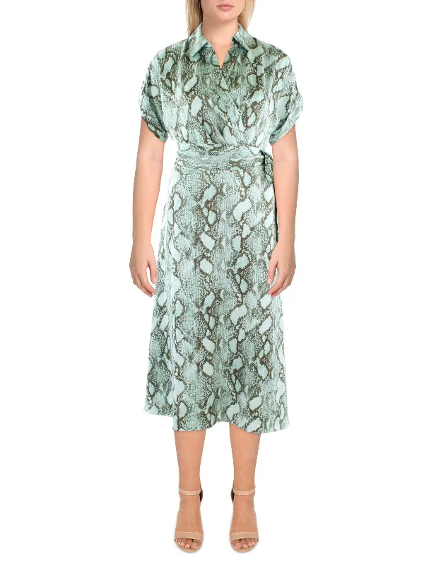 Womens Satin Snake Print Midi Dress