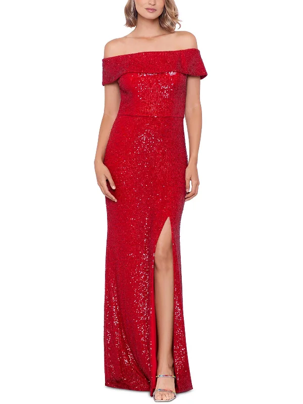 Womens Fold-Over Sequined Evening Dress