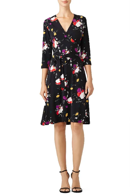 Dark Floral Wrap Dress In Black