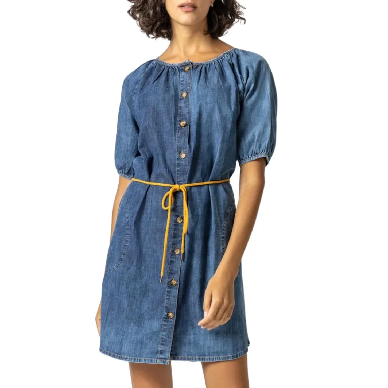 Belted Button Down Dress In Denim