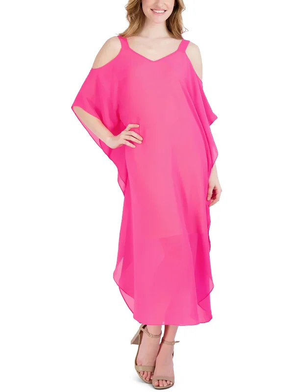 Womens Chiffon Cold Shoulder Midi Dress