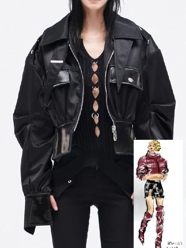 2023 Autumn Women Motorcycle Jackets Zipper Spliced Short Faux Leather Coat