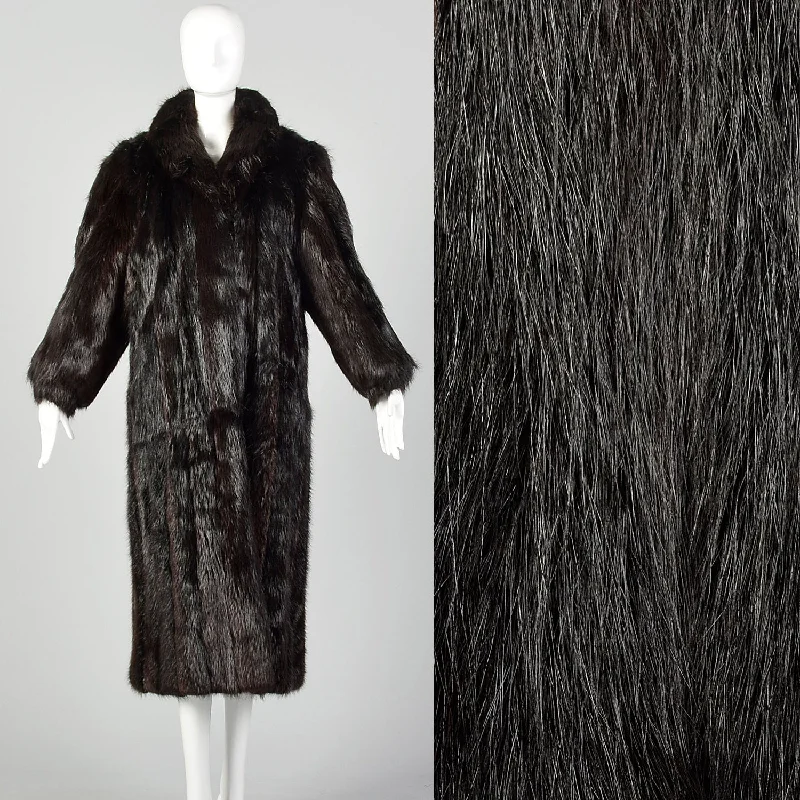 Large 1980s Black Long Hair Beaver Fur Coat