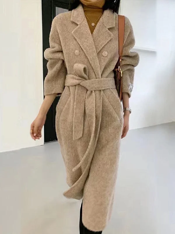 High Quality Wool Coats For Women Notched Double Breasted Belt Coats