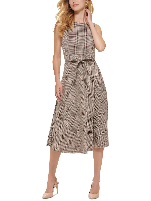 Petites Womens Plaid Polyester Midi Dress