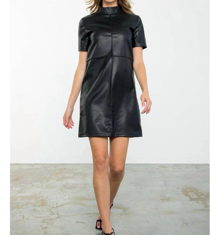 Short Sleeve Faux Leather Dress In Black