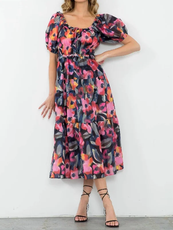 Flower Print Midi Dress In Pink