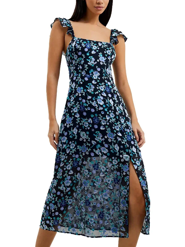 Bette Womens Floral Print Flutter Sleeve Midi Dress