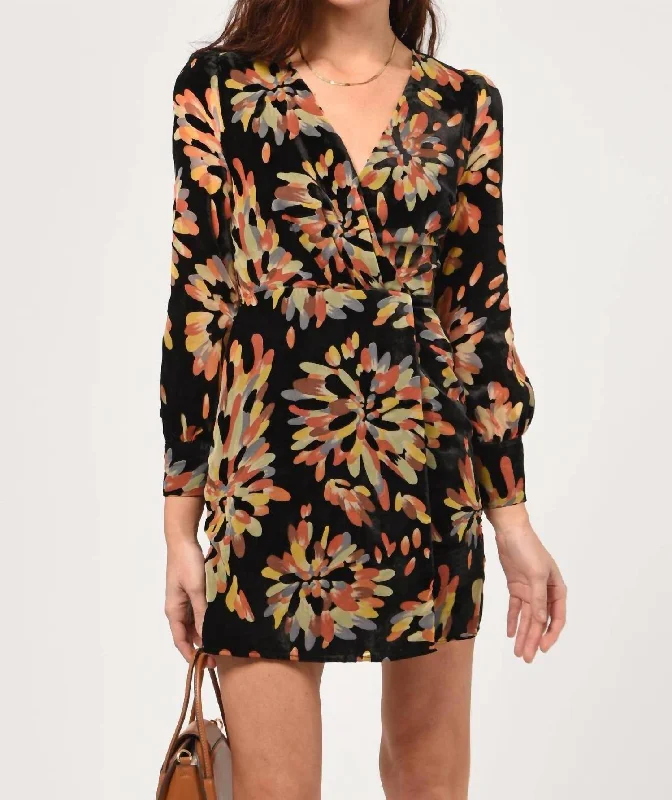 Abby Velvet Burnout Wrap Mini Dress In Black Multi