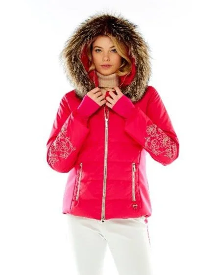 M. Miller Women's Keirsten Fuchsia Stretch Paneled Down Jacket W/ Fur Trim