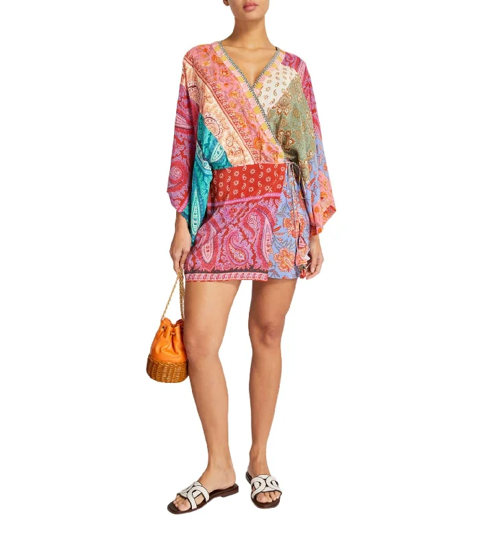 Kaleido Silk Robe Mini Dress In Ruby Patchwork