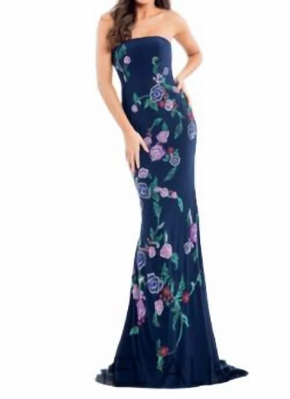 Strapless Beaded Gown In Navy