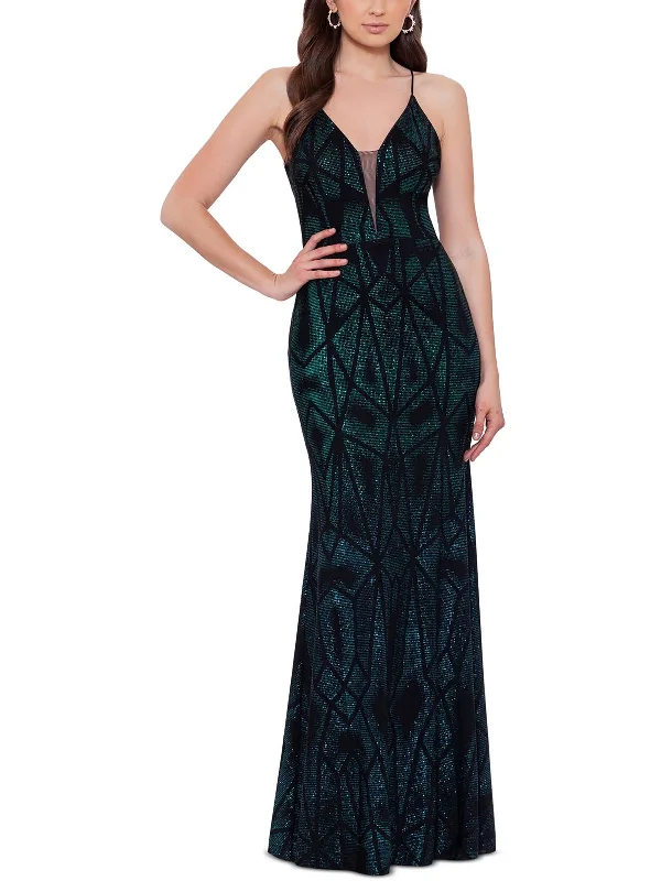 Womens Velvet Lace Inset Evening Dress