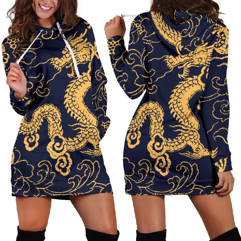 Gold Dragon Pattern Women'S Hoodie Dress