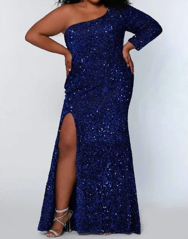 Asymmetric Sequin Formal Dress In Sapphire