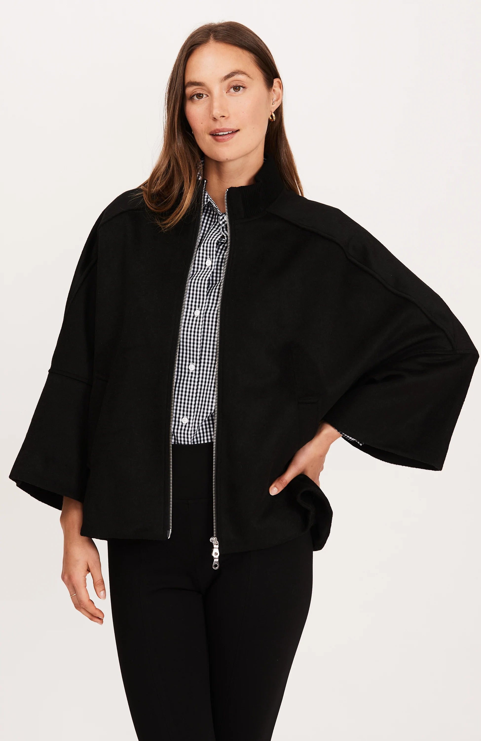 Tyler Boe Zip Front Knit Collar Cape Black