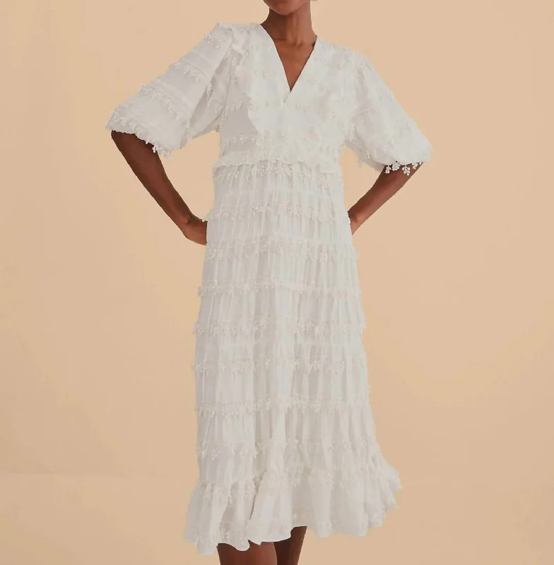 Ruffles Tassels Midi Dress In Off White