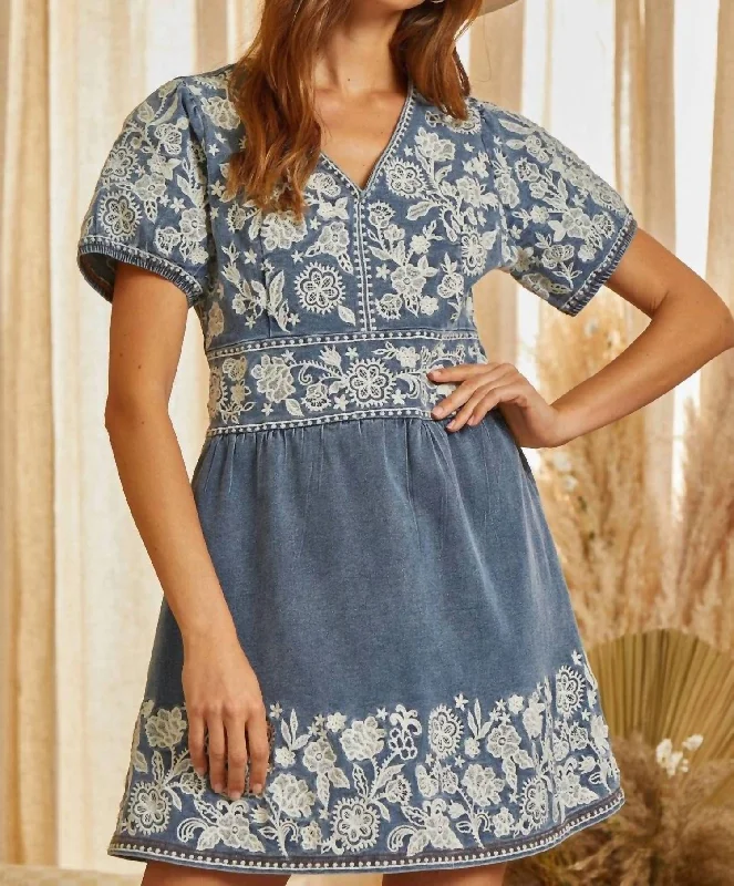 Embroidered Denim Fit And Flare Dress In Light Wash Denim