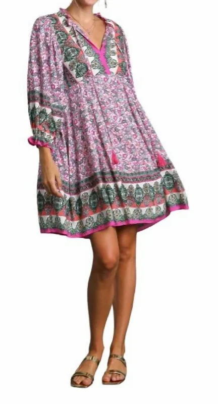 Border Print Tassel Tie Dress In Pink