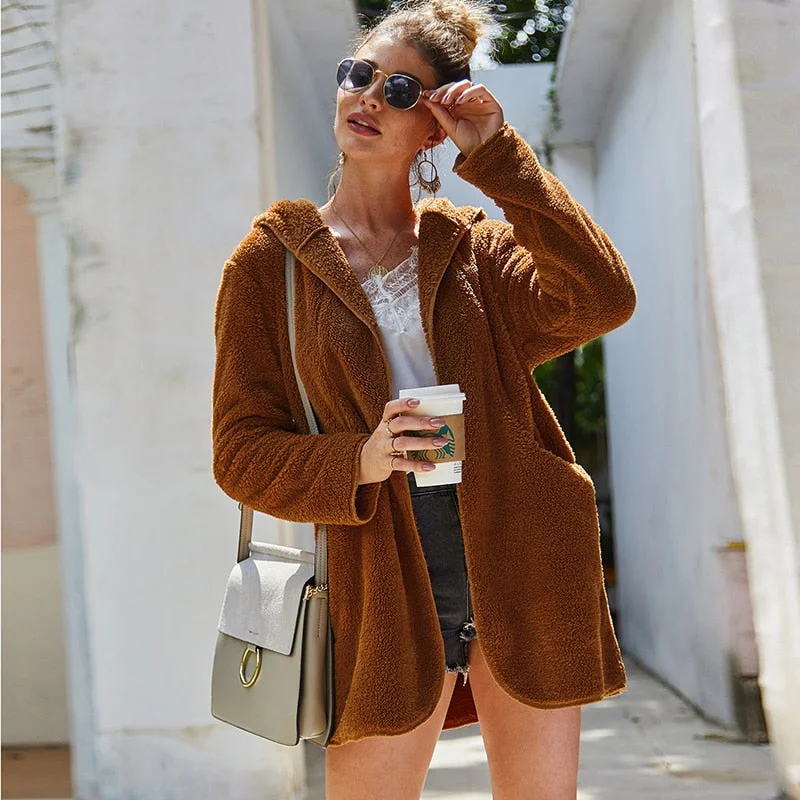 Women Faux Fur Jacket Coat Solid Long Sleeve