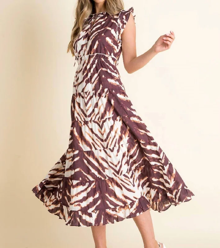 Ruffle Sleeve Tiered Midi Dress In Brown