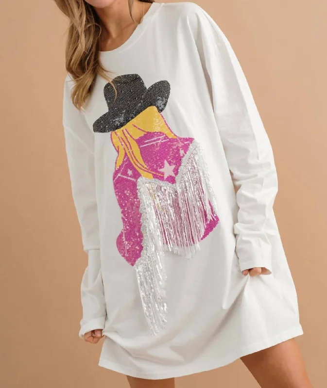 Long Sleeve Sequin Cow Girl Dress In White