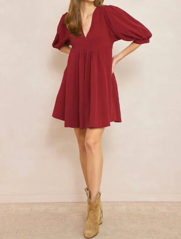 V Neck Baby Doll Dress In Wine