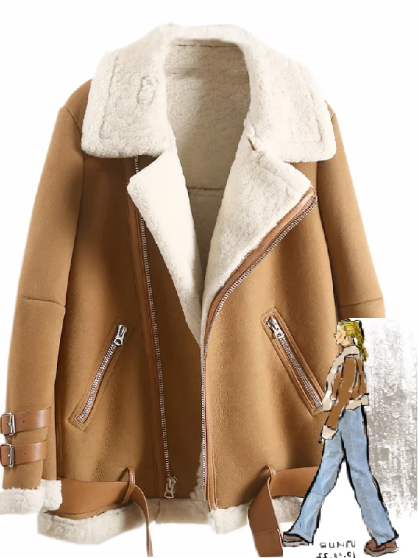 Winter Suede Jacket Women Thick Motorcycle Lambs Wool Coat Female Shearling Overcoat