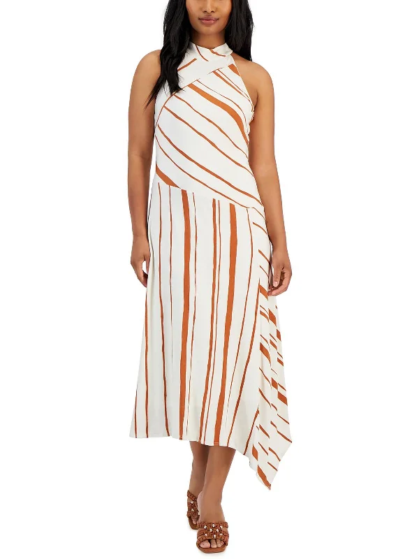 Womens Asymmetric Striped Halter Dress