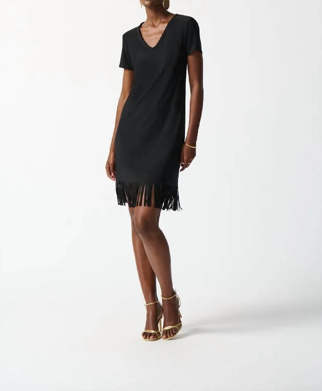 Vneck Fringe Dress In Black