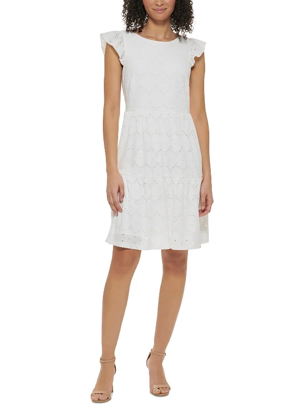 Petites Womens Tiered Eyelet Mini Dress