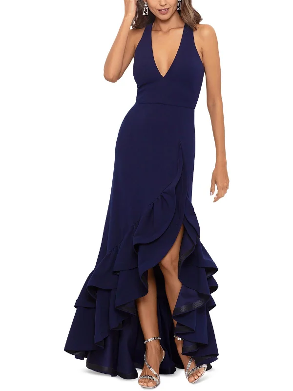 Womens Ruffled V-Neck Evening Dress